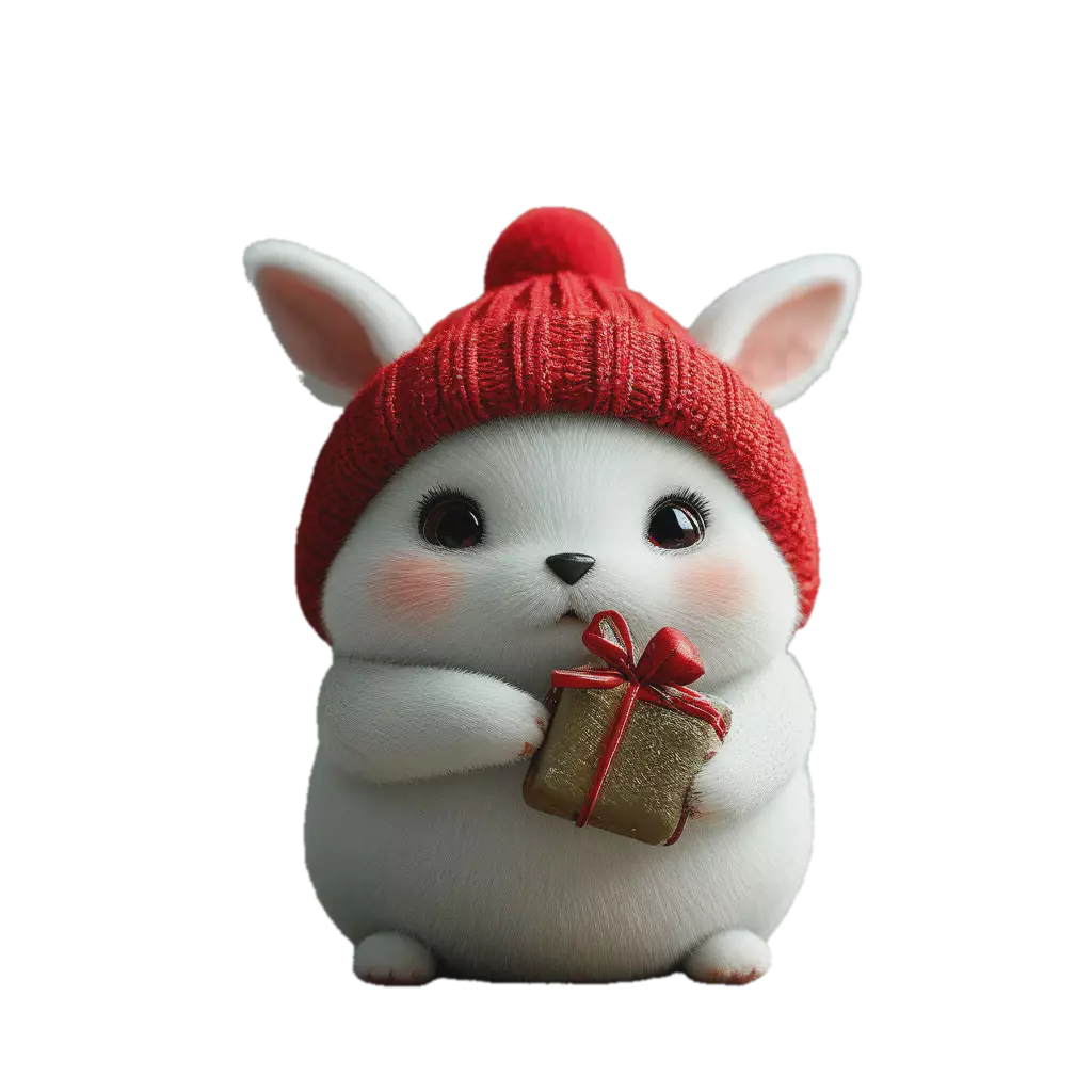 "A cute white rabbit with a cute red hat on his head and holding a ...