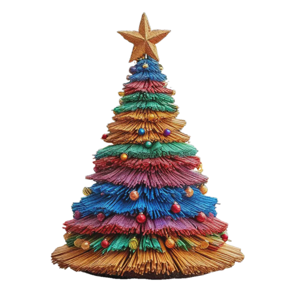 "A huge Christmas tree with rainbow toys and garlands and a huge star ...