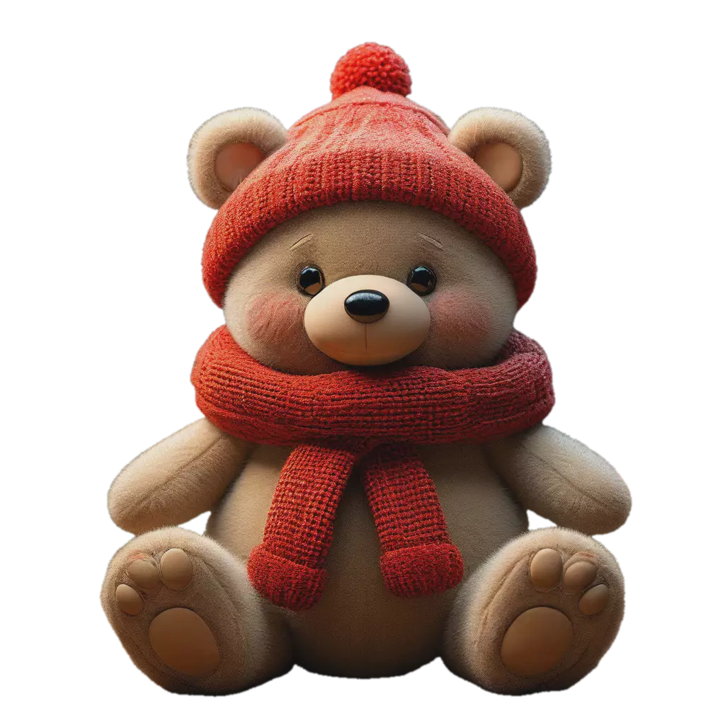 "A soft teddy bear with a red nose, tied with a red scarf and a red hat ...