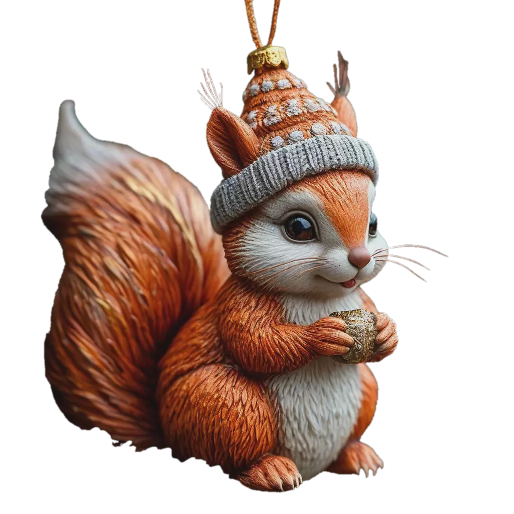 "Cute red squirrel with a fluffy tail and a tangerine hat on her head ...