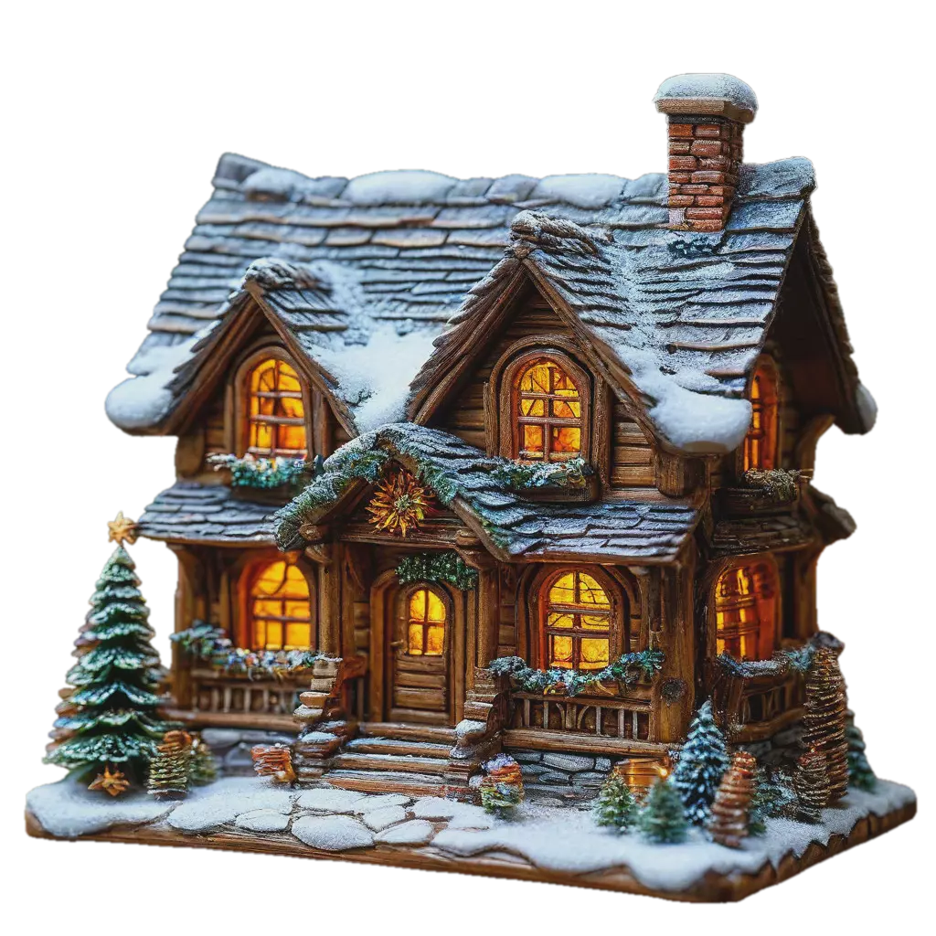 "A house with a roof and a chimney and a porch, wooden with snow on the ...