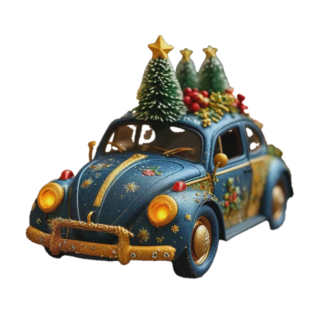 "The Beetle car is dark blue with yellow, there is a Christmas tree on ...
