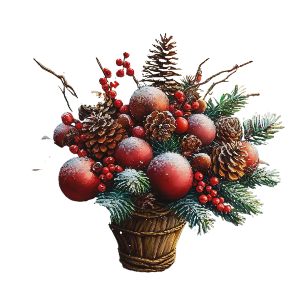"A bouquet of fir branches with cones and Christmas balls and holly ...