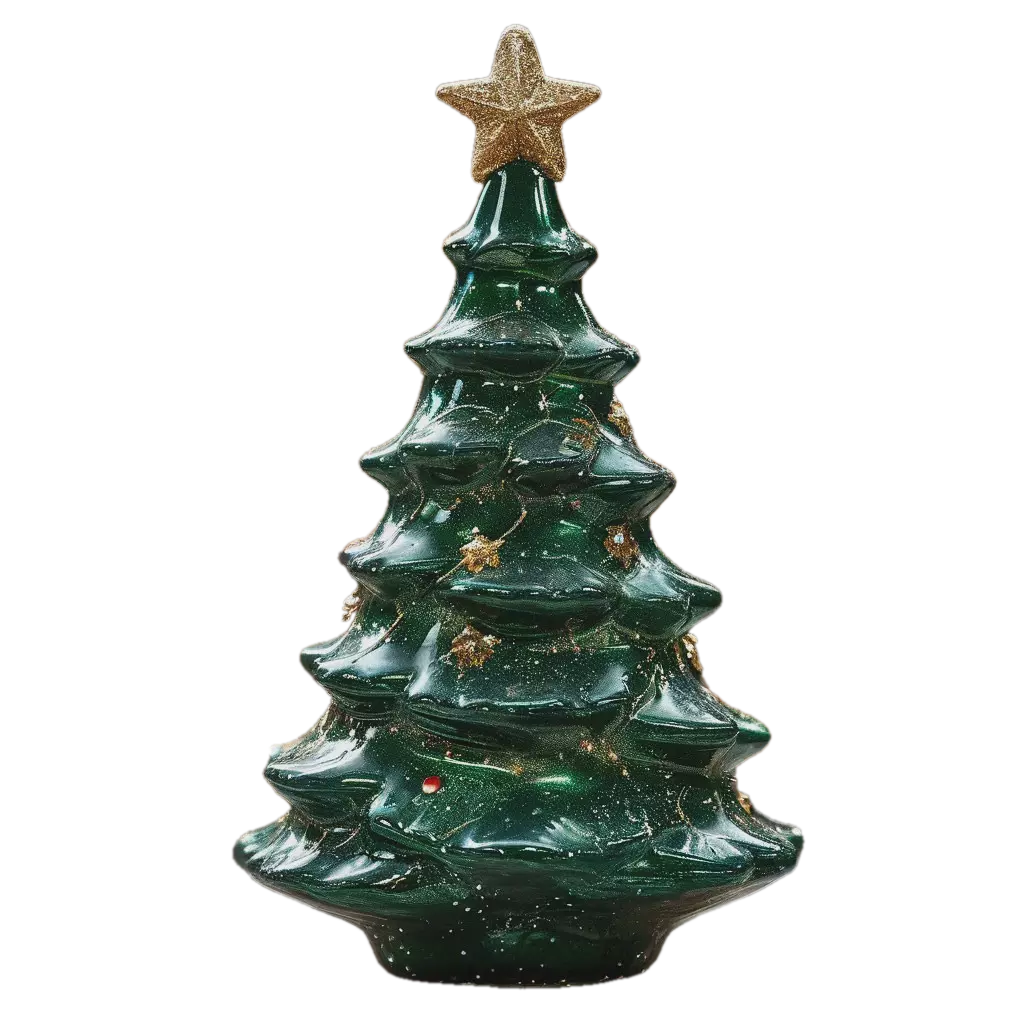 "A green elongated glass Christmas tree with a painted garland and a ...