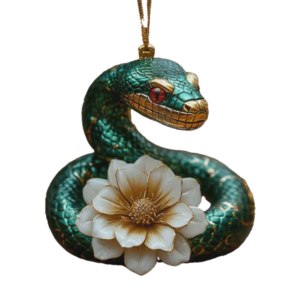 "An emerald snake wrapped around a flower" — image created in Shedevrum