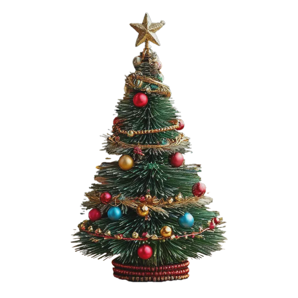 "A Christmas tree with garlands, balls, tinsel and a star on top ...