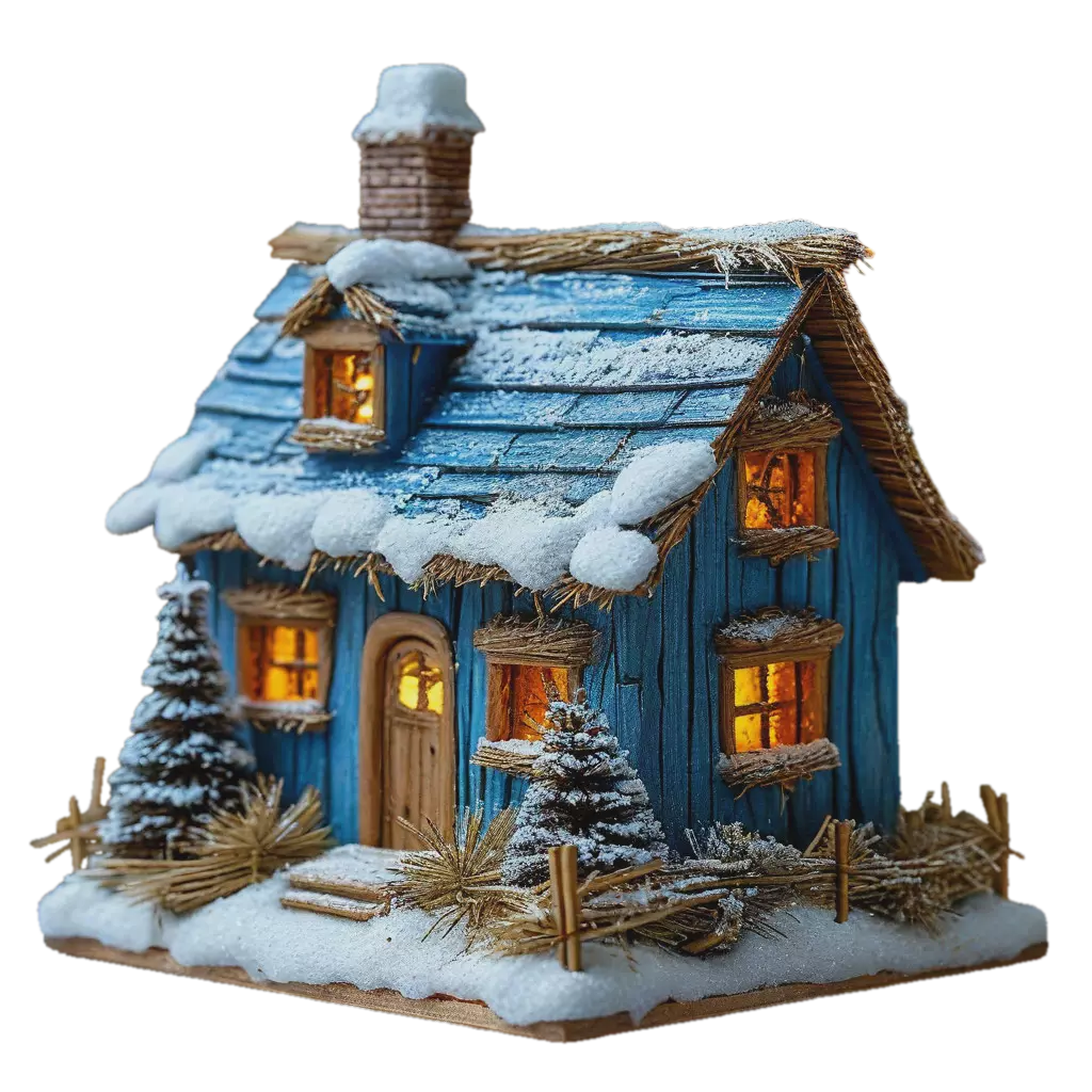 "A small house on the roof with snow and a chimney, with windows, blue ...
