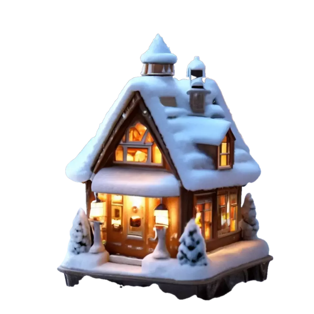 "A hut in the snow with a light in the window and a snow-covered roof ...